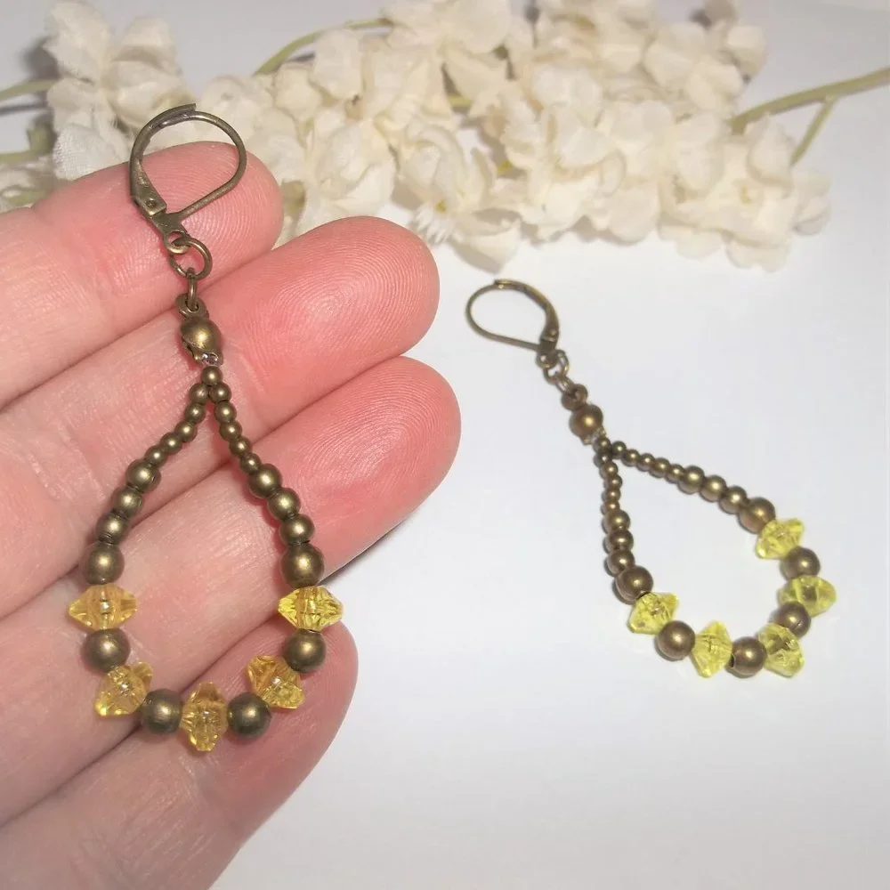 Boho Hoop Earrings Brown Bronze and Yellow Beaded Dangle Teardrop Accessory 7036 - Picture 6 of 8